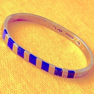 Solid Sterling 950 silver Taxco Mexico Lapis Lazuli inlay hinged bracelet